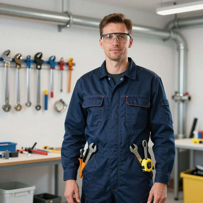 Technician in blue coveralls and safety glasses standing in a workshop with tools on the wall.