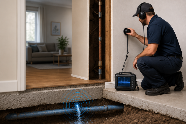 Technician inspecting a crawl space with a handheld camera device under a house floor