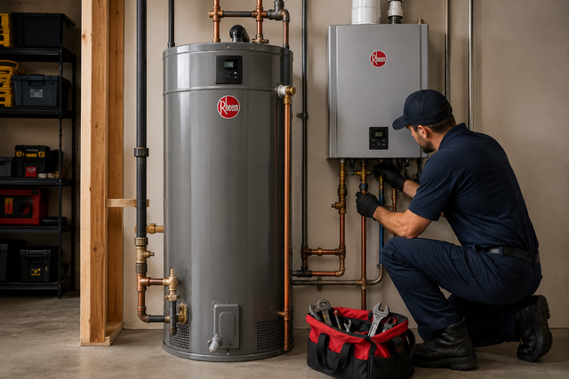 Plumber kneeling beside a water heater, inspecting pipes in a utility room with tools nearby.