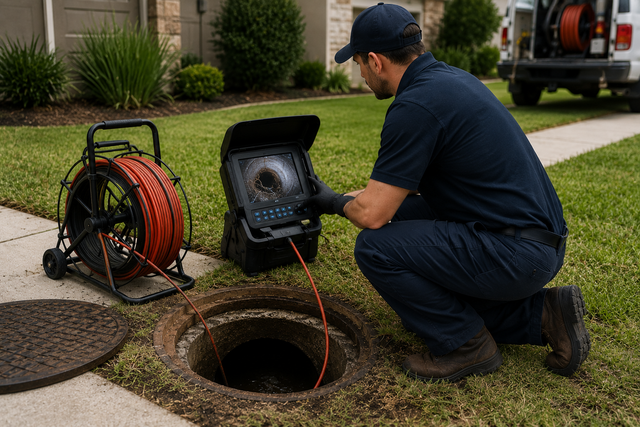 Worker operating a sewer camera at an open manhole on a suburban sidewalk