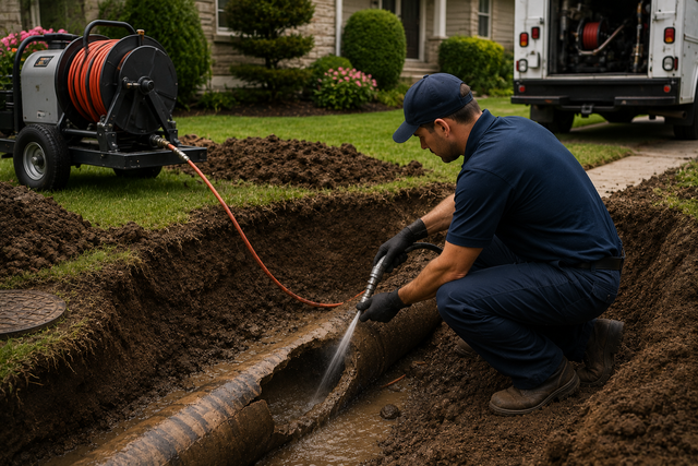 Worker using a hose to clear muddy soil in a trench beside a truck and hose reel