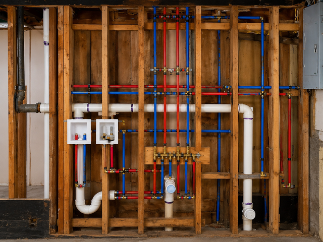 Open wall with exposed plumbing and electrical wiring, framed by wooden studs and blue and red pipes.