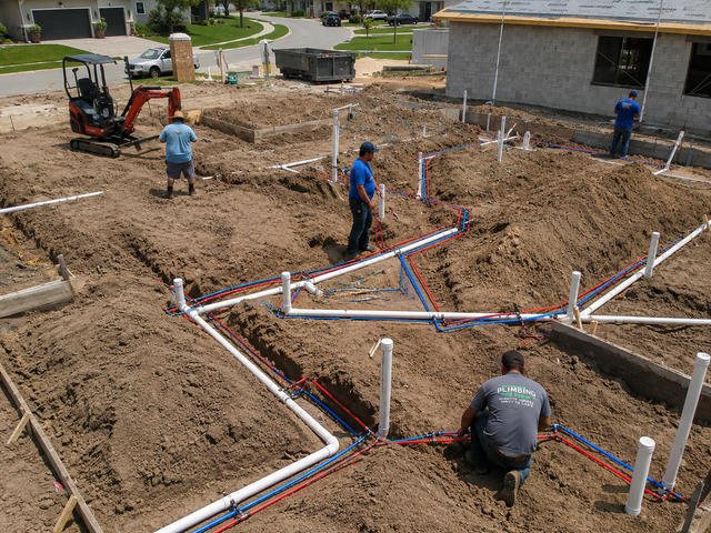 Construction workers installing plumbing lines in a house foundation trench, with white PVC pipes and gravel.