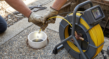 Worker wearing gloves pours liquid from a yellow cable reel into a bowl on gravel.