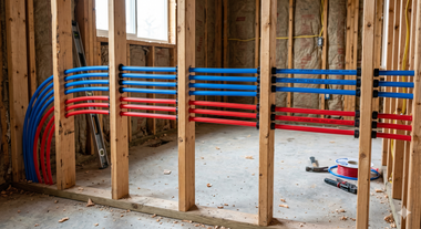 Wood-framed wall under construction with blue and red flexible piping installed between studs.