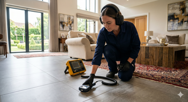 Person kneeling on a living room floor, using a vacuum cleaner with a yellow tool bag nearby.