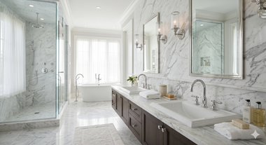 Bright marble bathroom with double vanity, large mirror, and glass-enclosed shower beside a window