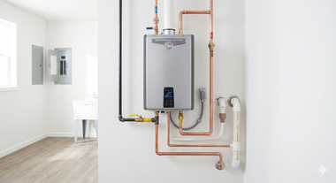 Wall-mounted water heater with copper pipes in a bright utility room