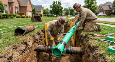 Workers install a large green drainage pipe in a trench at a suburban construction site.