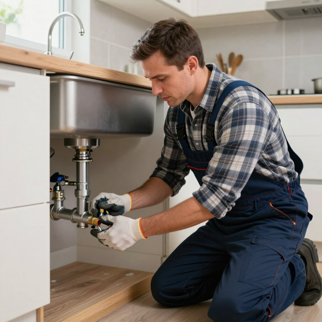 Plumber repairing sink pipes under a kitchen cabinet, kneeling on the floor.