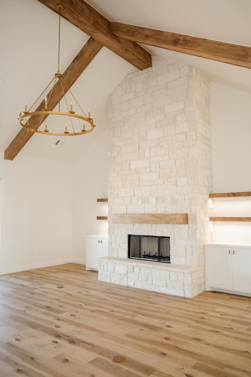 There is a fireplace in the middle of the room.