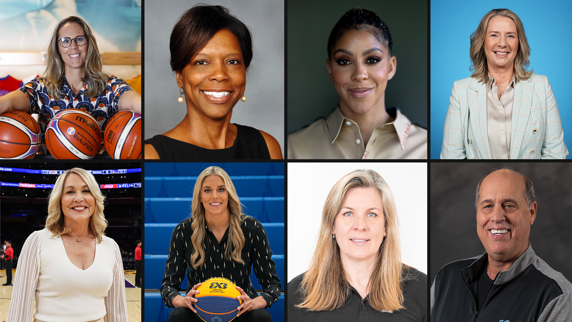 Collage of eight professional headshots of smiling people in business attire on varied backgrounds