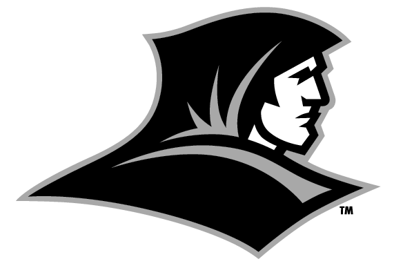 Black-and-white hooded Friar-like mascot logo facing right