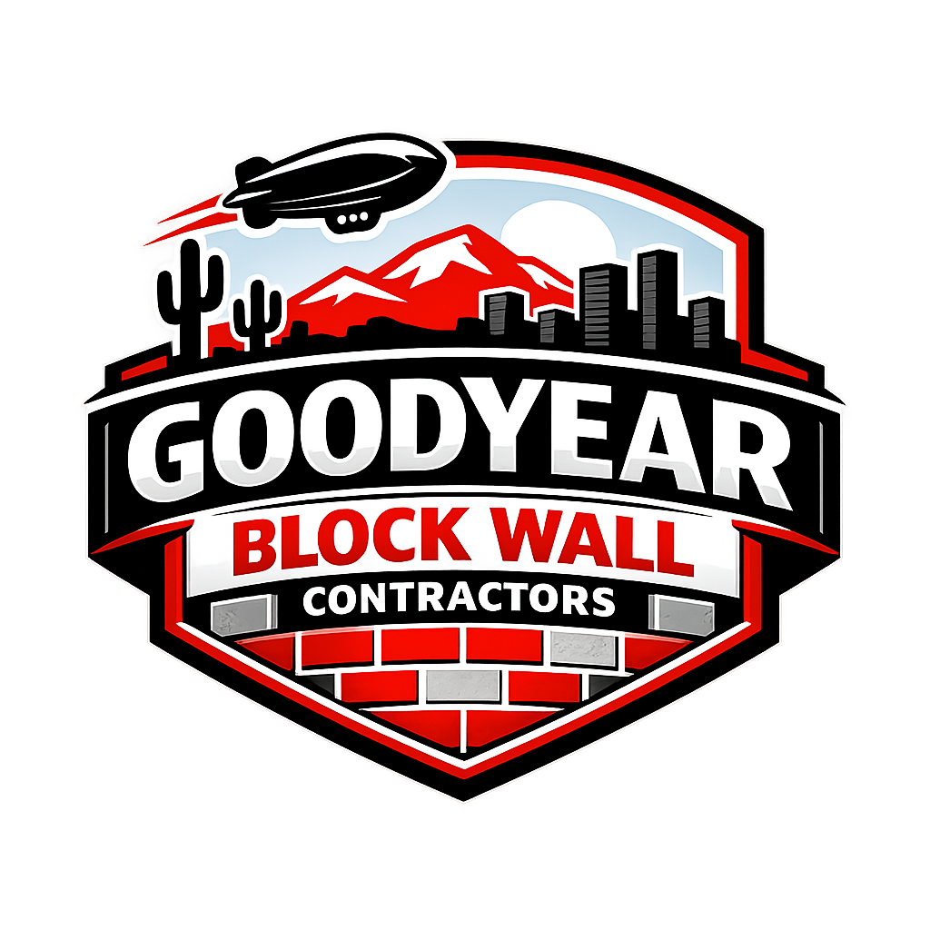 Logo for Goodyear Block Wall Contractors, with a blimp, mountains, cacti, and city skyline.