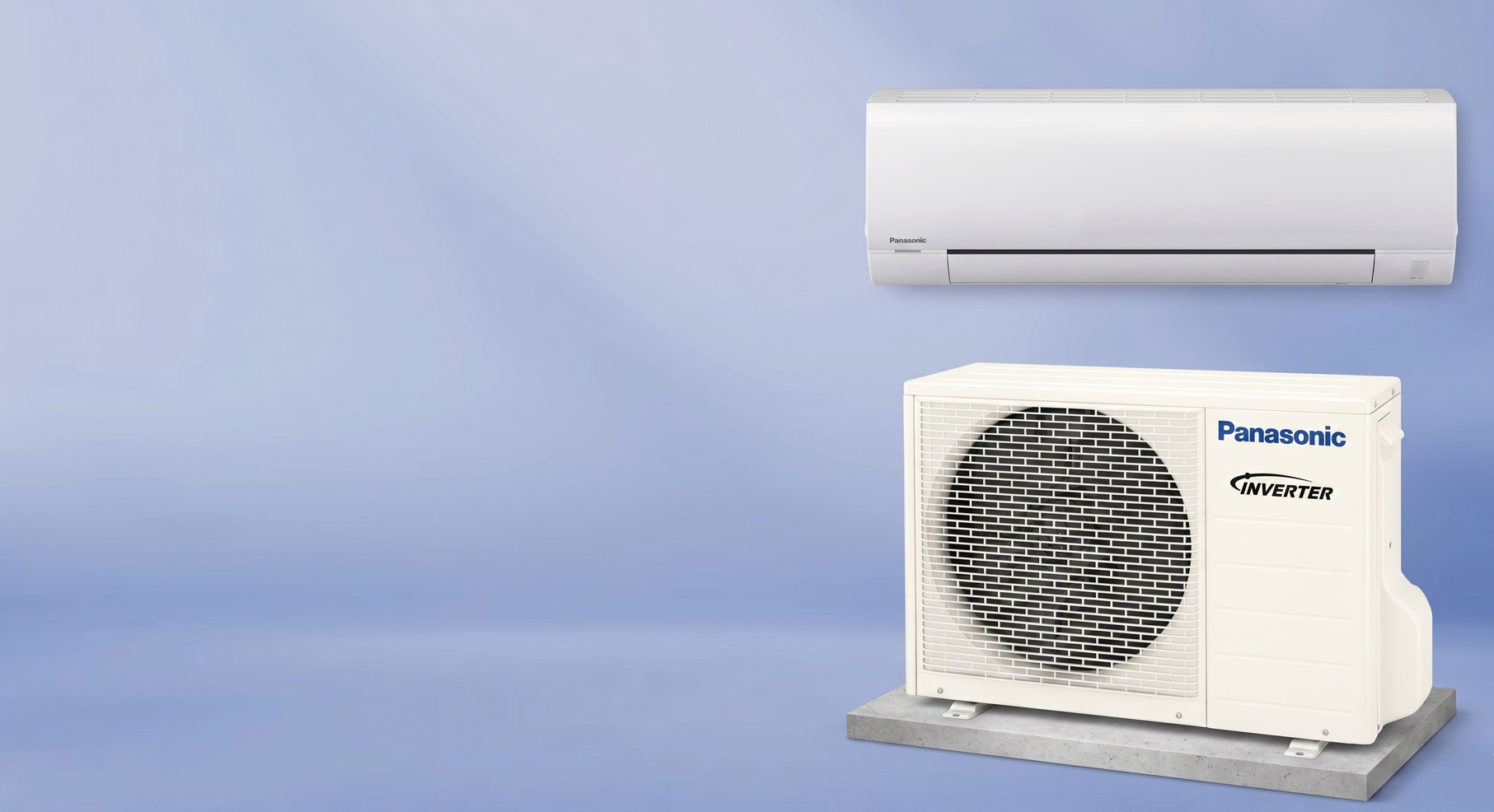 Wall-mounted white air conditioner above an outdoor condenser unit on a blue gradient background
