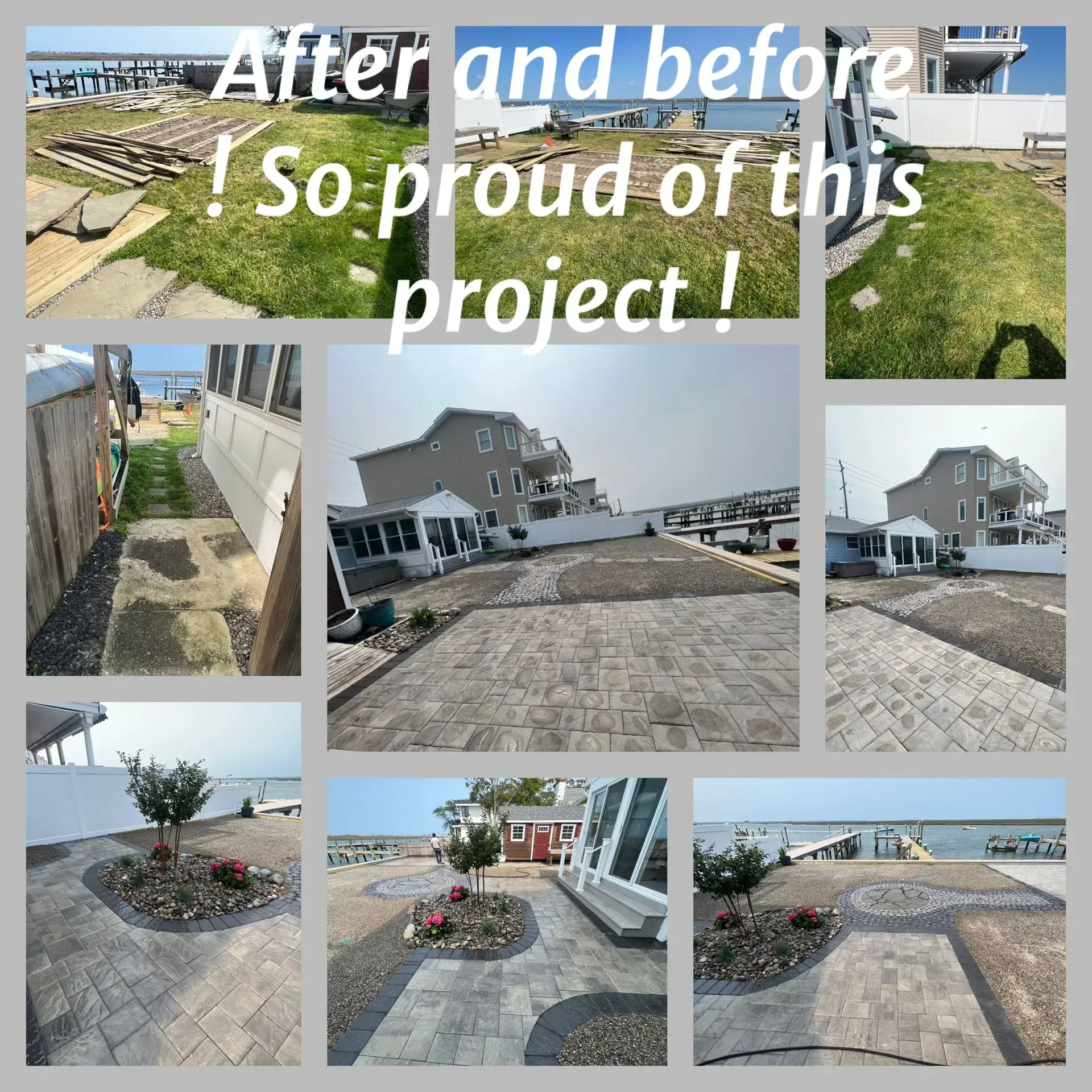 Before and after photos showing a hardscaping project at a waterfront property: pavers, landscaping, and a house.
