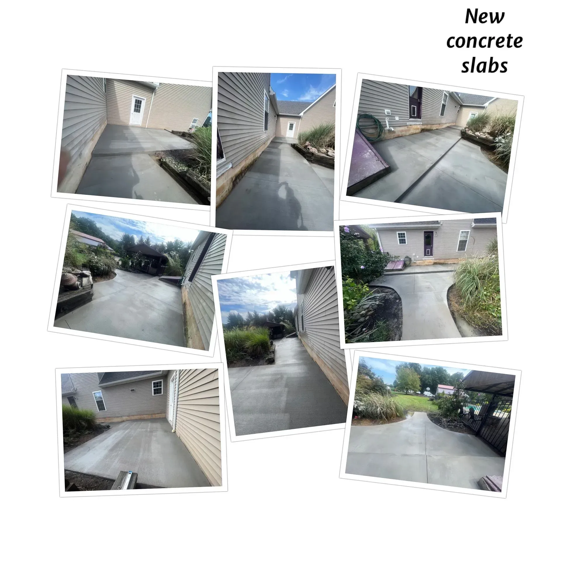 Nine photos of newly poured concrete slabs surrounding a house.