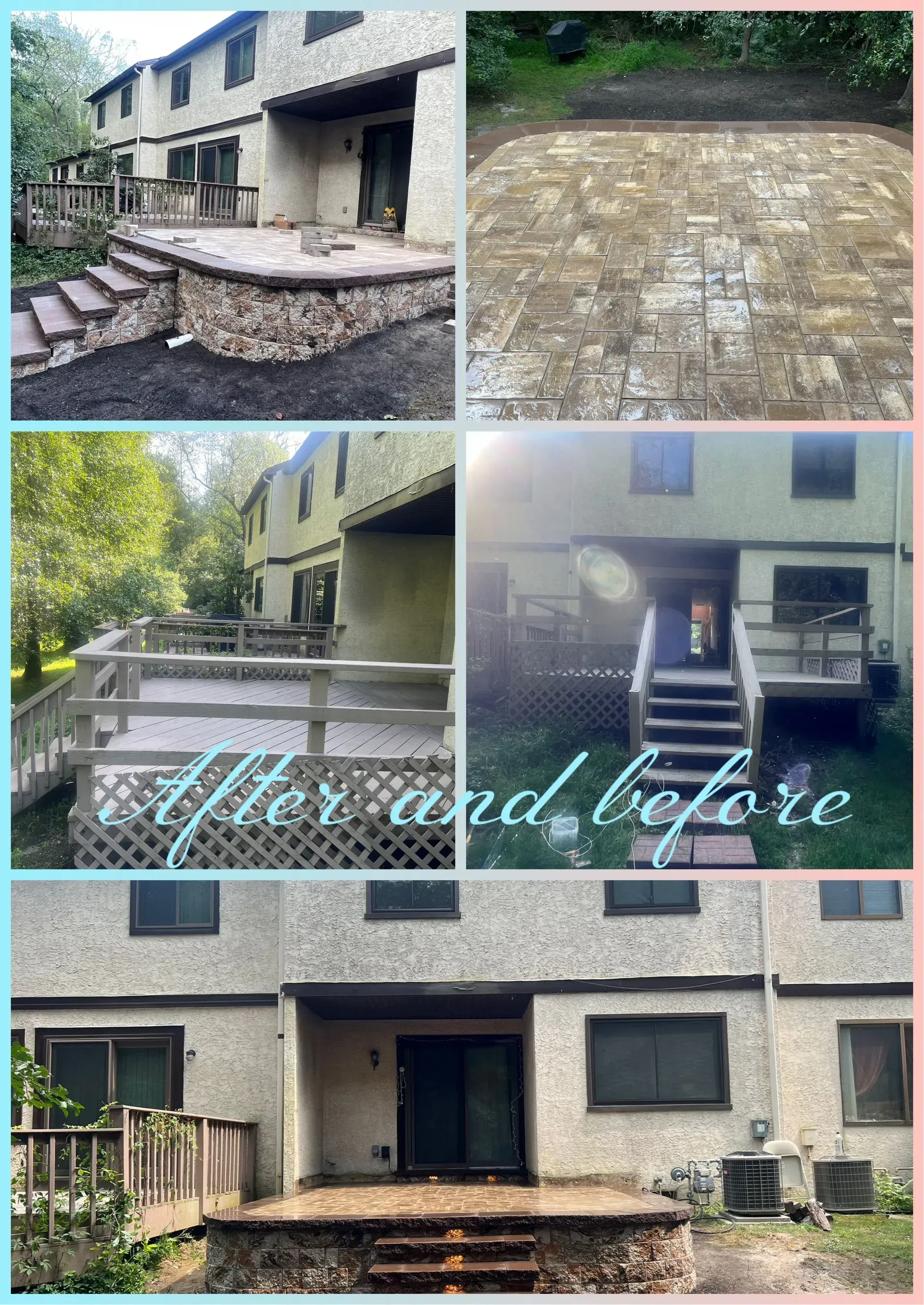 Collage of before/after photos showcasing home exterior improvements: deck, patio, and stairs.