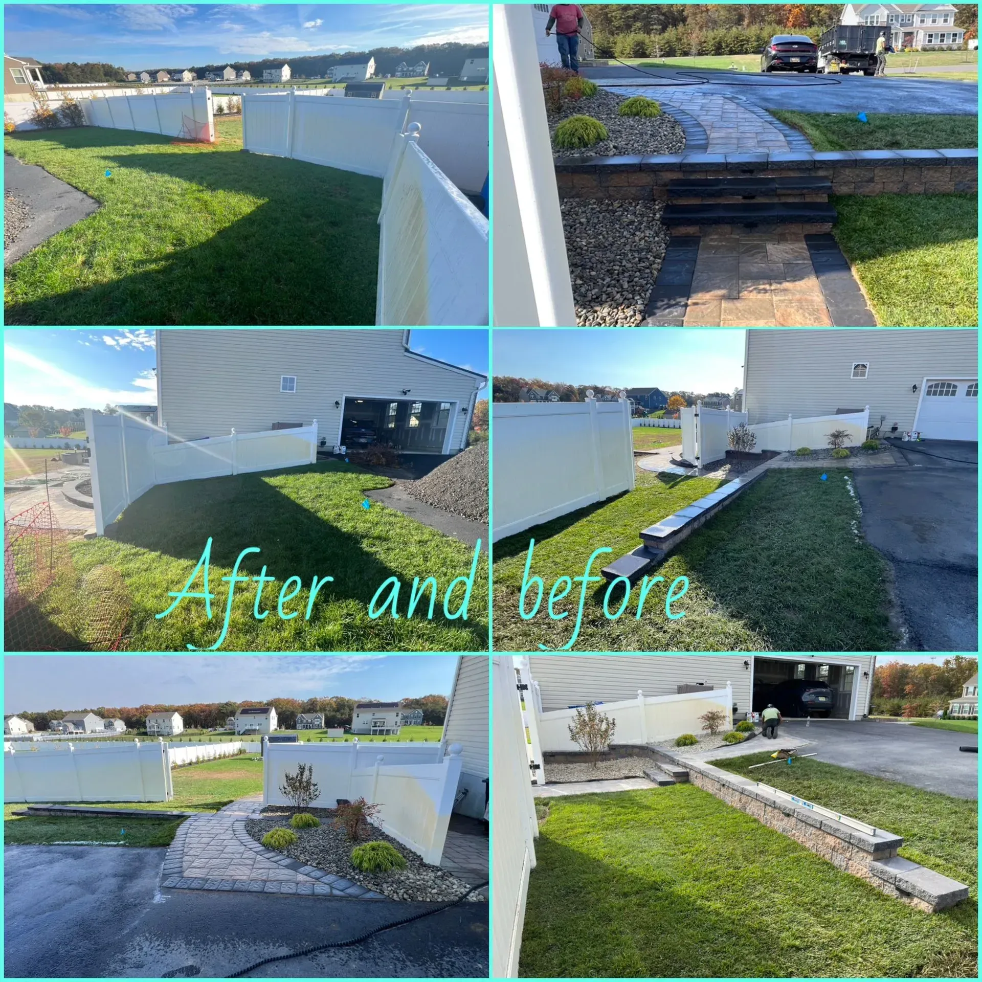 Collage of before/after home exterior improvements: New white fence, landscaping, and retaining wall.