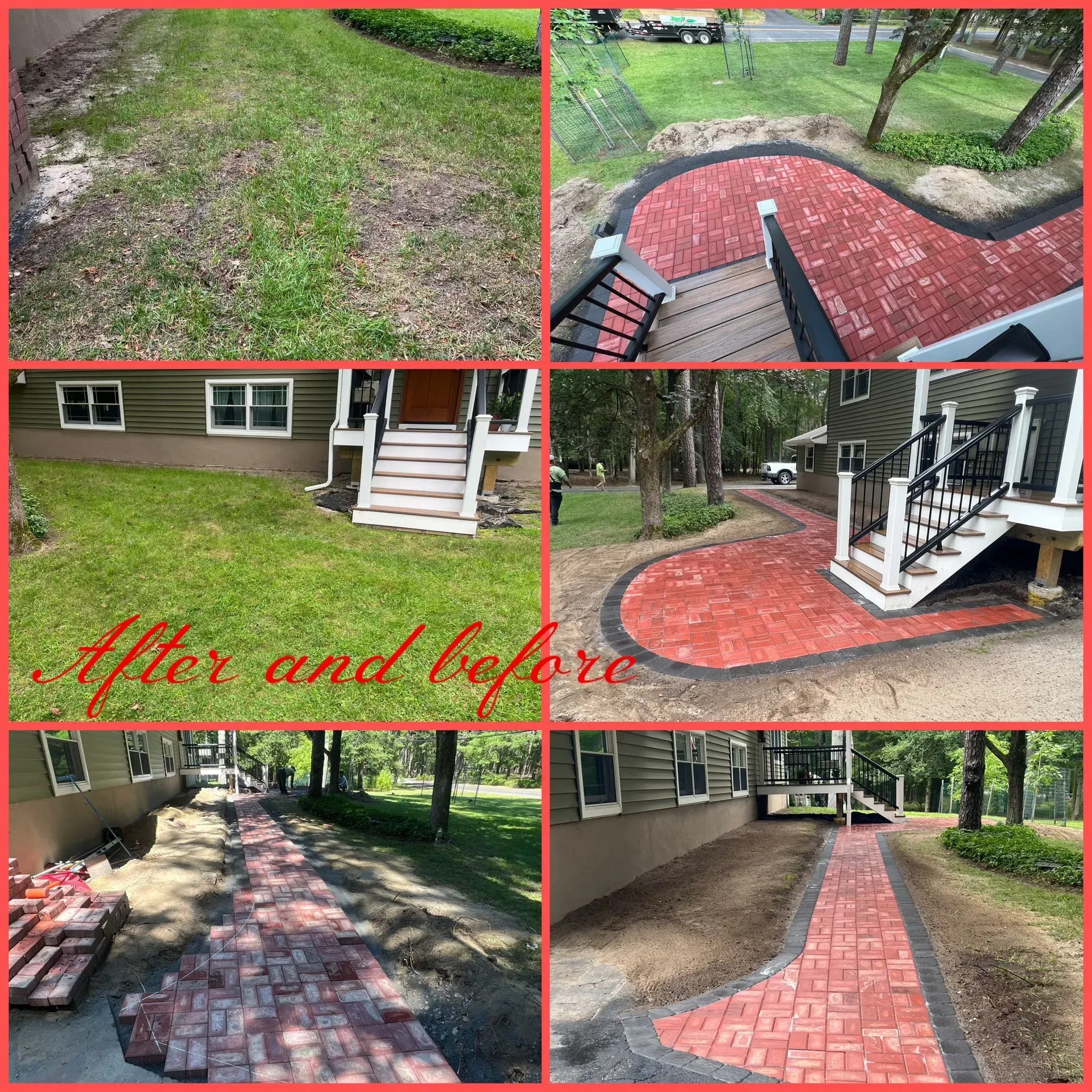 Before and after photos of a red brick walkway installation near a house; grass turns into a brick path.