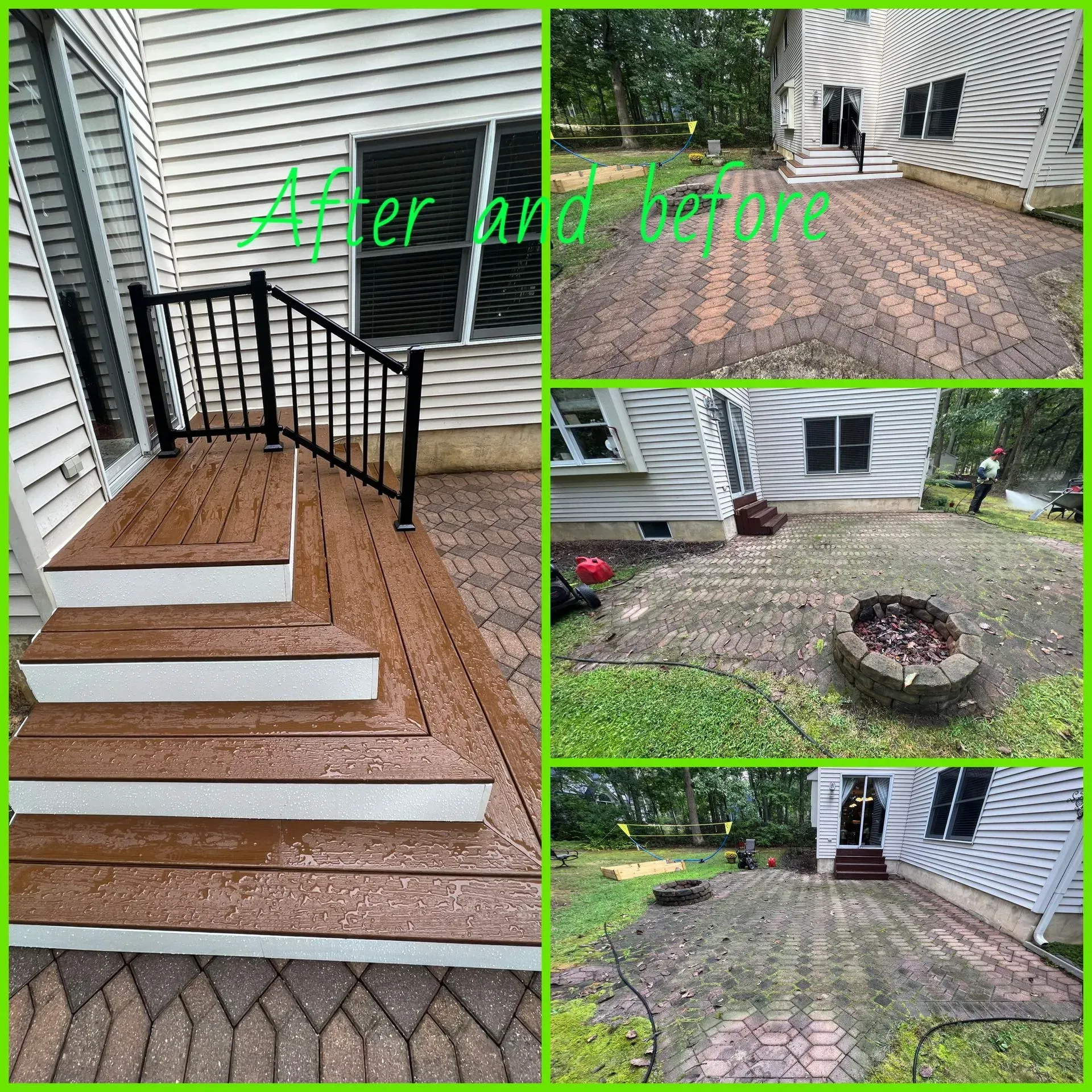 Composite shows before/after of patio cleaning. New deck with steps, black railing. Brick patio before and after pressure washing.