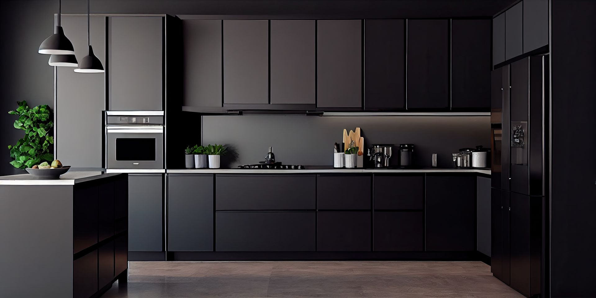 A modern kitchen with black cabinets and stainless steel appliances.