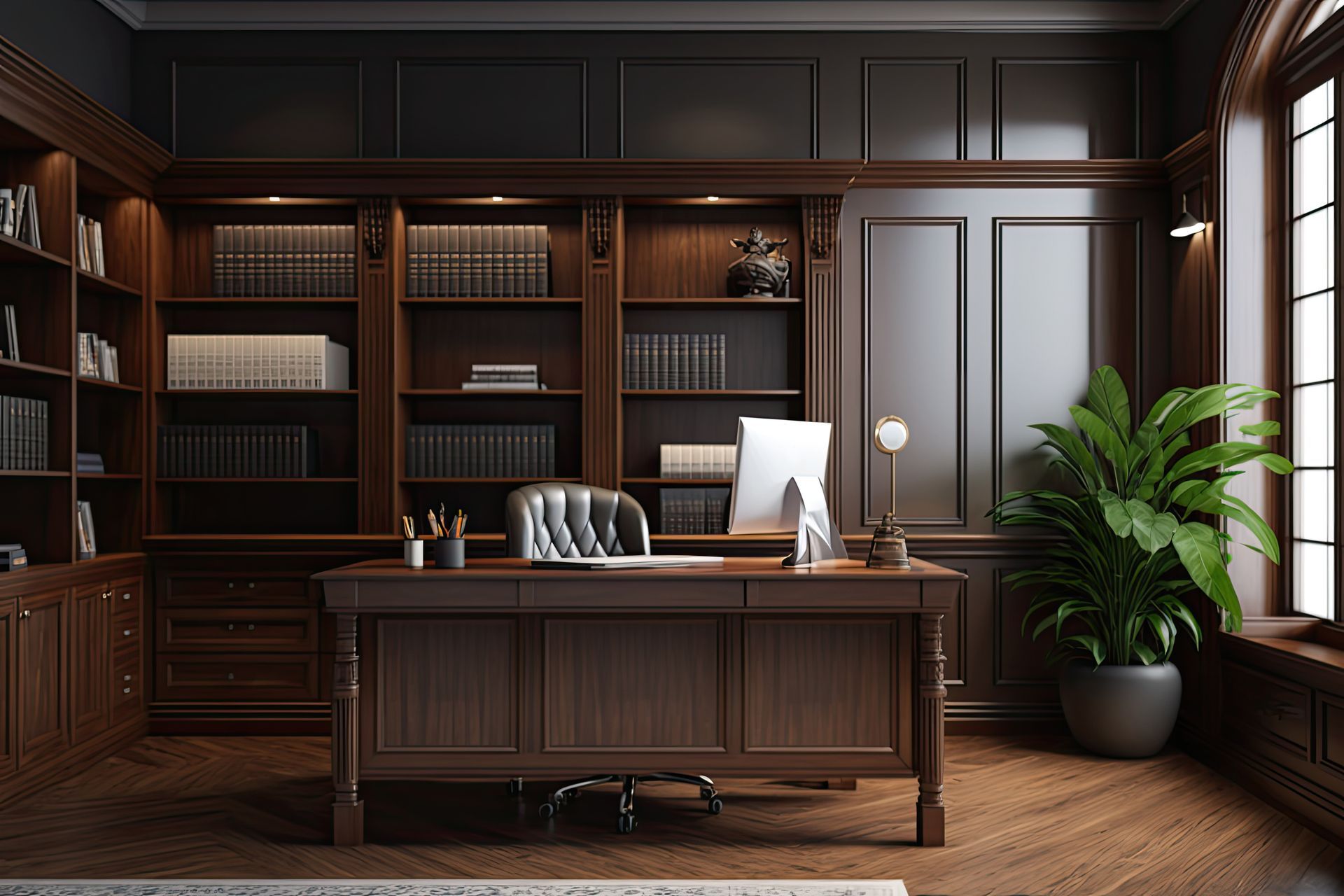 A home office with a desk , chair , bookshelf , and window.