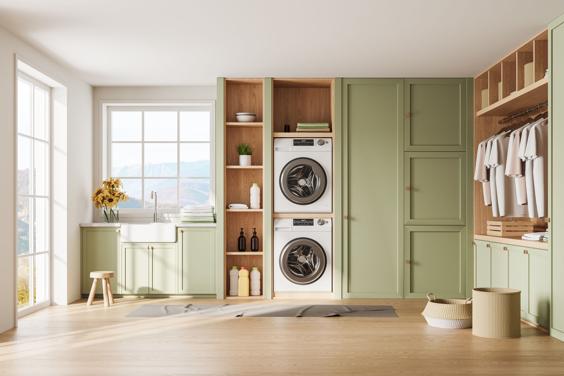 A laundry room with a washer and dryer stacked on top of each other.