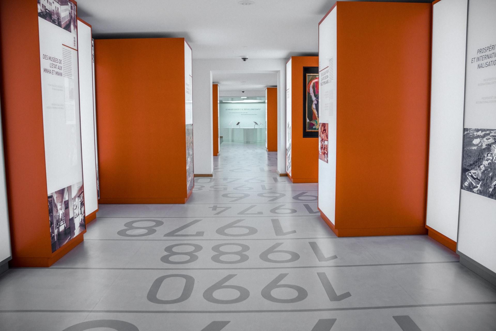 Museum corridor with orange columns and displays. Years are painted on the floor.