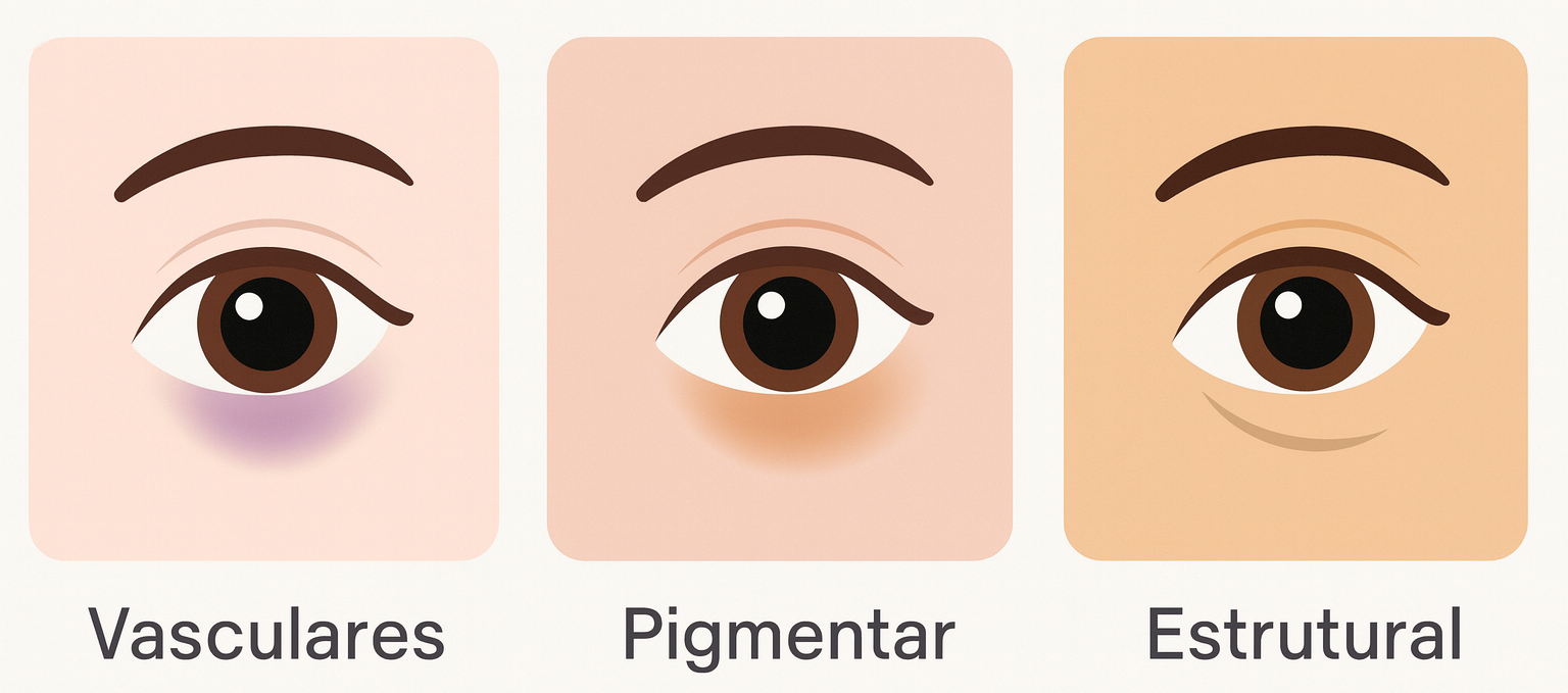 Diagram of three types of dark circles: vascular (purple), pigmented (brown), and structural (tan).