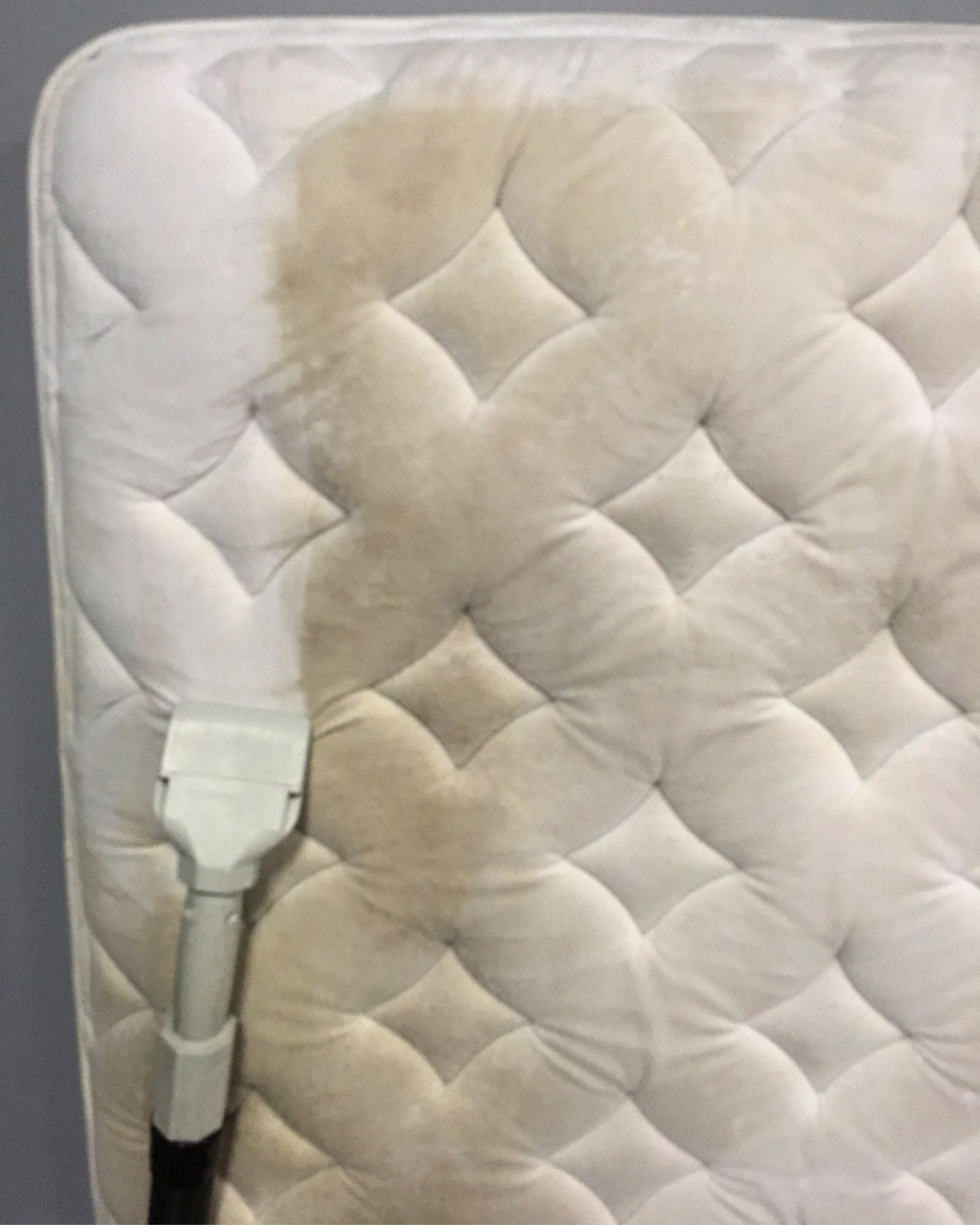A dirty mattress is being cleaned with a vacuum cleaner.