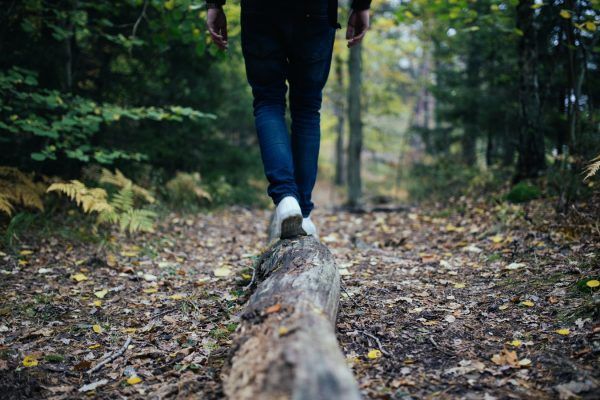 A person is walking on a log in the woods.