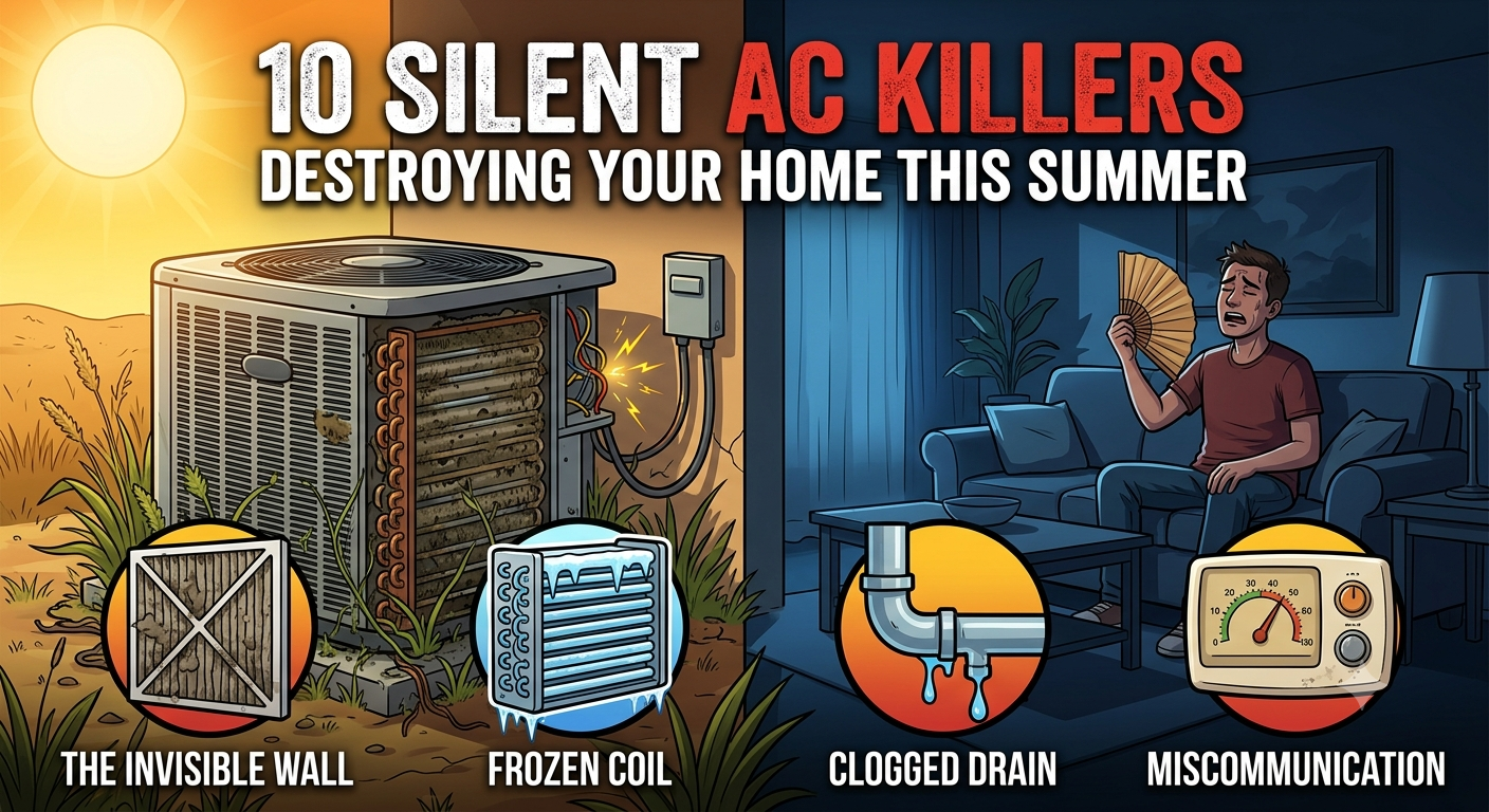 Infographic showing common AC problems like clogged drains, dirty filters, and frozen coils.