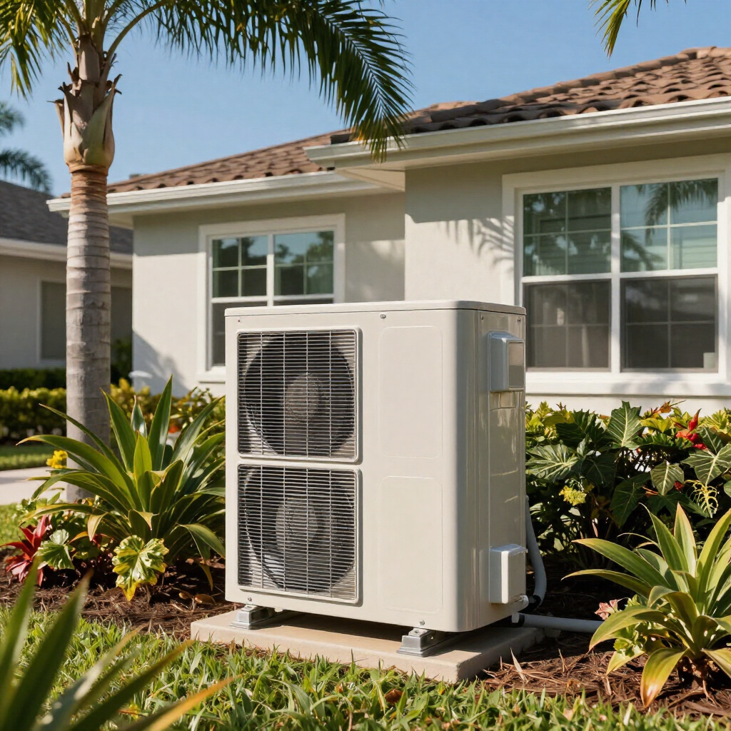 Modern HVAC heat pump system installed outside a Southwest Florida residential home with pool