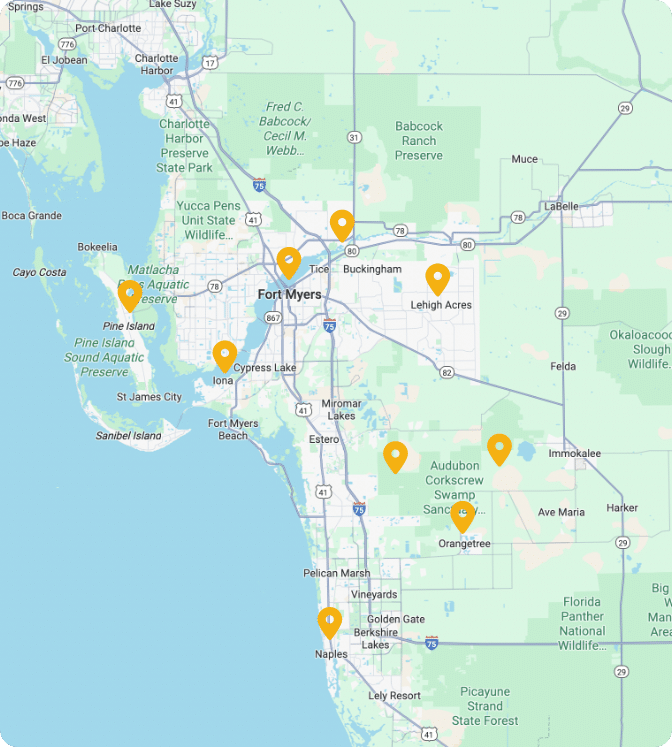 Map of Southwest Florida with yellow location markers in Fort Myers, Naples, and surrounding areas.