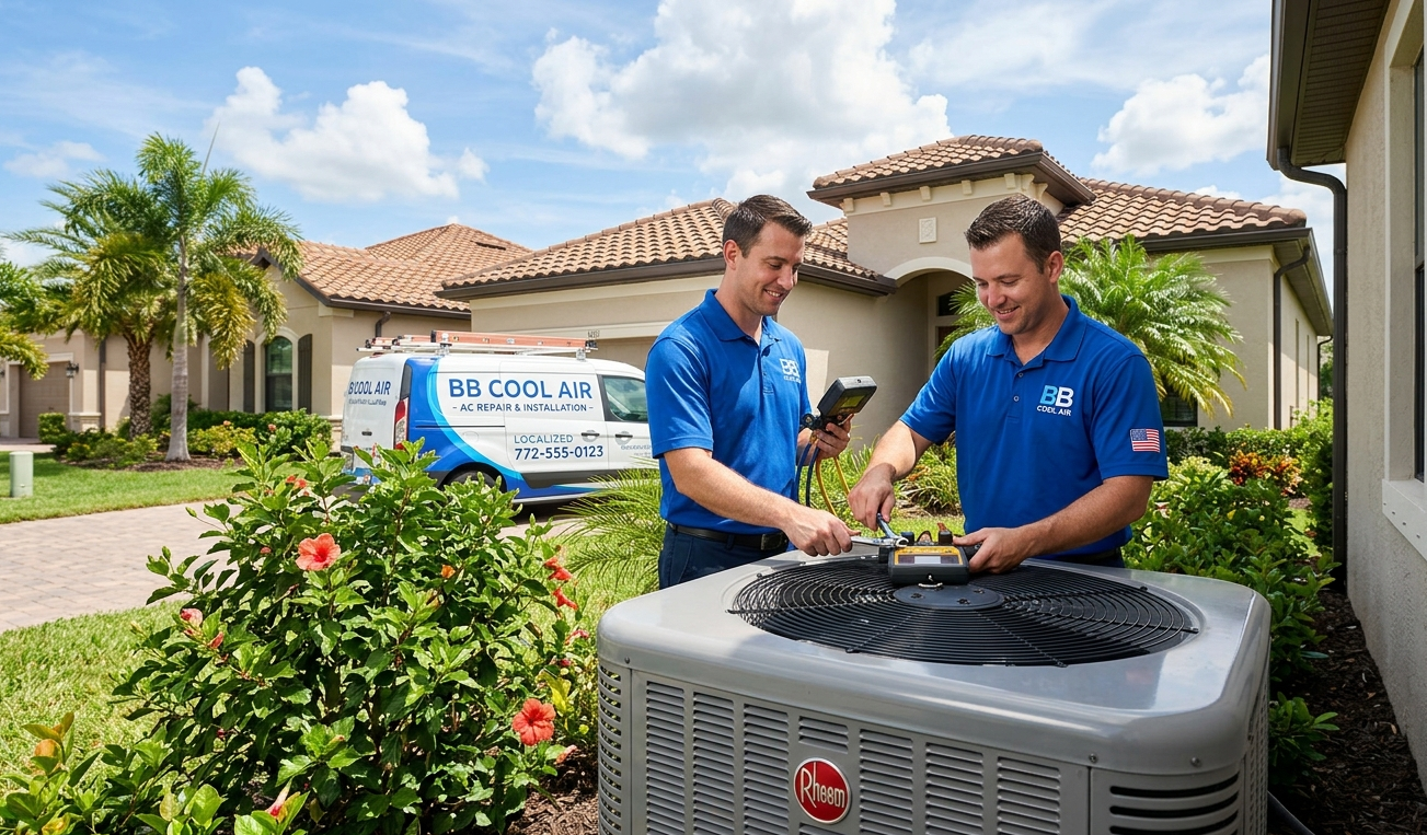A BB Cool Air technician servicing a central air conditioner outside a home in Port St. Lucie, Flori