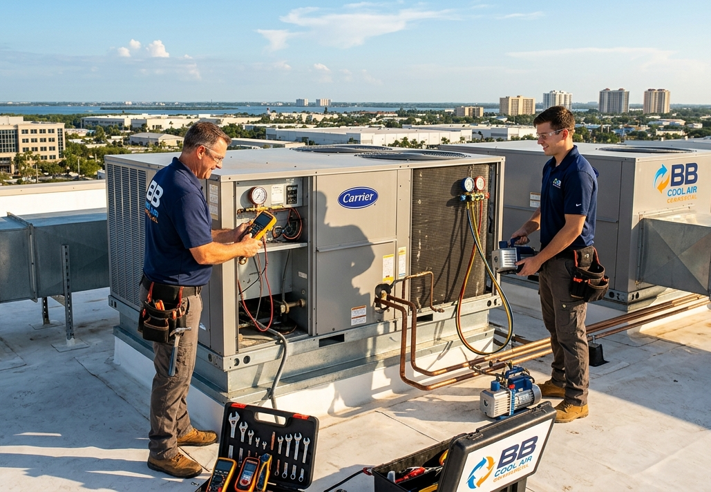 Two technicians servicing a commercial rooftop HVAC unit and refrigeration system in SWFL.
