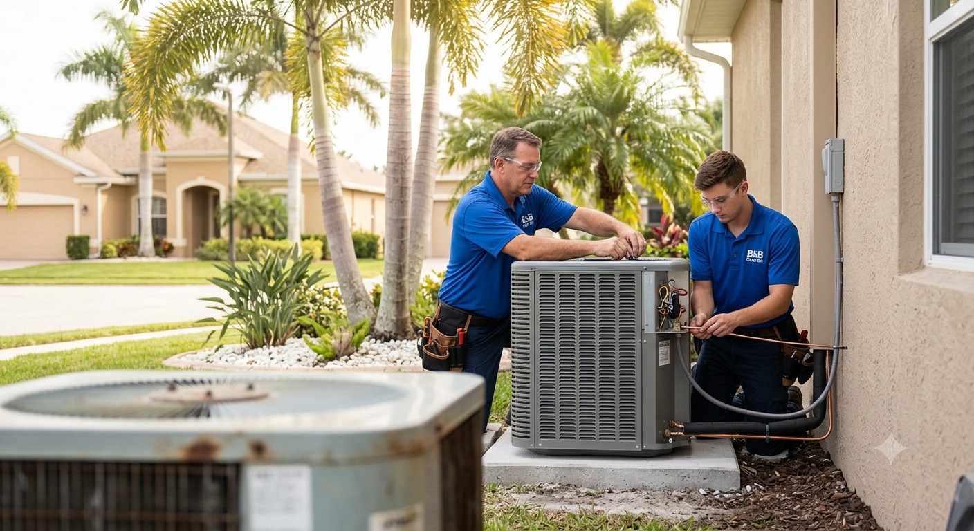 Two professional HVAC technicians installing a high-efficiency heat pump system in Florida