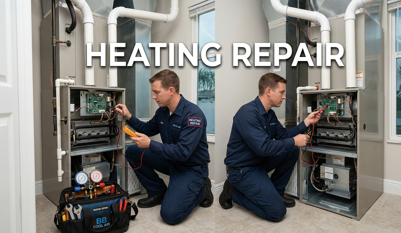 Professional HVAC technician troubleshooting a home furnace system during a heating repair service.