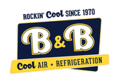 Logo for B & B Cool Air & Refrigeration. Navy, gold and white text: 