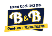 Logo for B & B Cool Air & Refrigeration. Navy, gold and white text: 