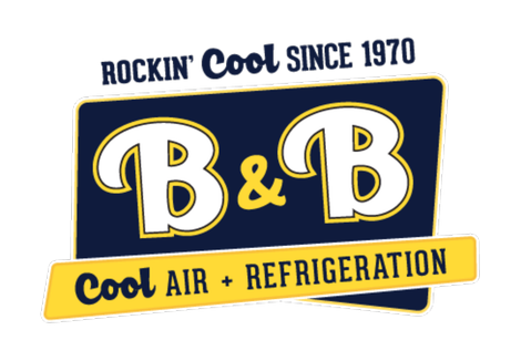Logo for B & B Cool Air & Refrigeration. Navy, gold and white text: 