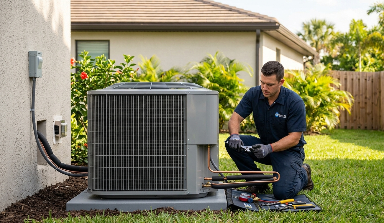 Professional technician installing a new outdoor air conditioning condenser unit in a backyard.