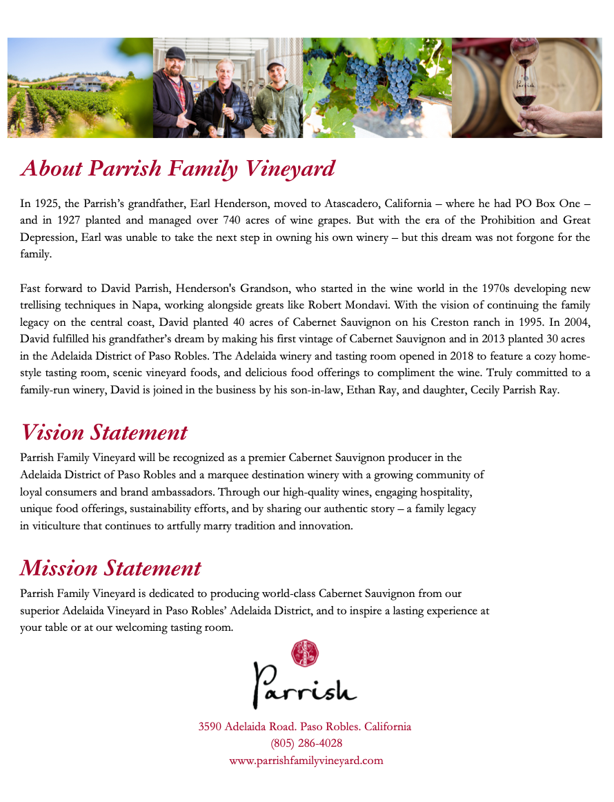 Promotional flyer for Parrish Family Vineyard; includes photos, winery details, and mission.