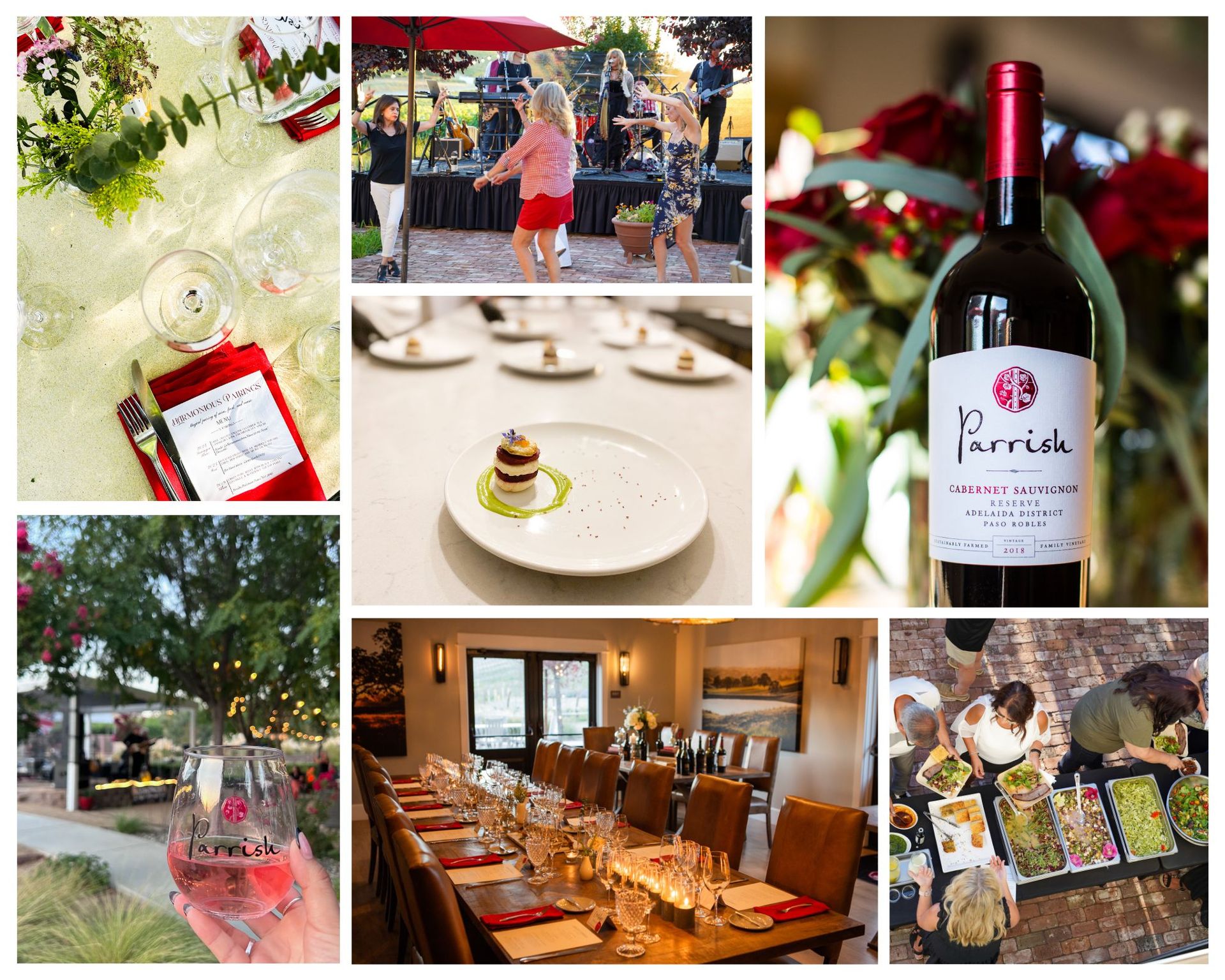 A collage of three pictures of people drinking wine and reading tasting notes.