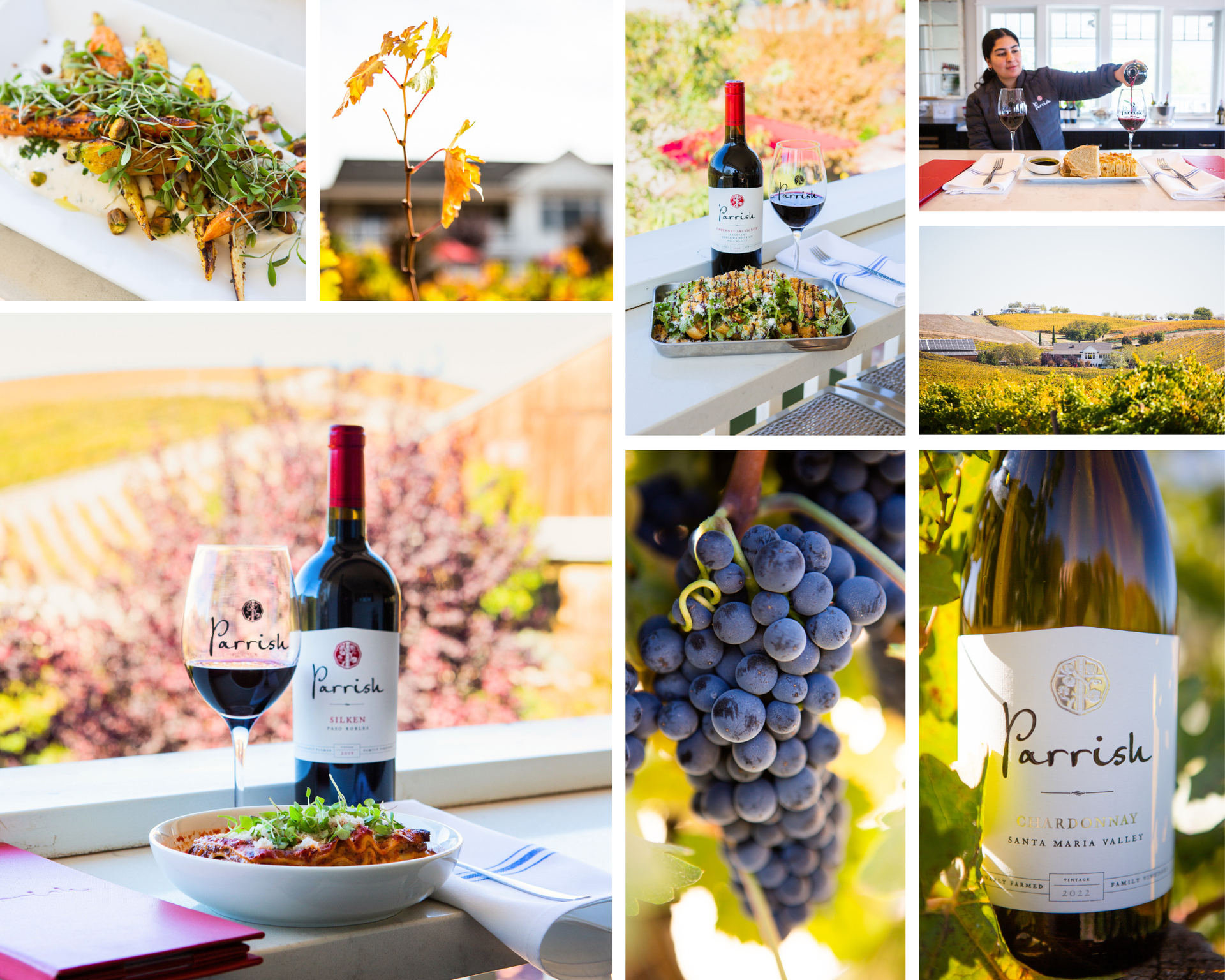 Wine and food photography at Parrish Family Vineyard, including red wine bottle and grapes.