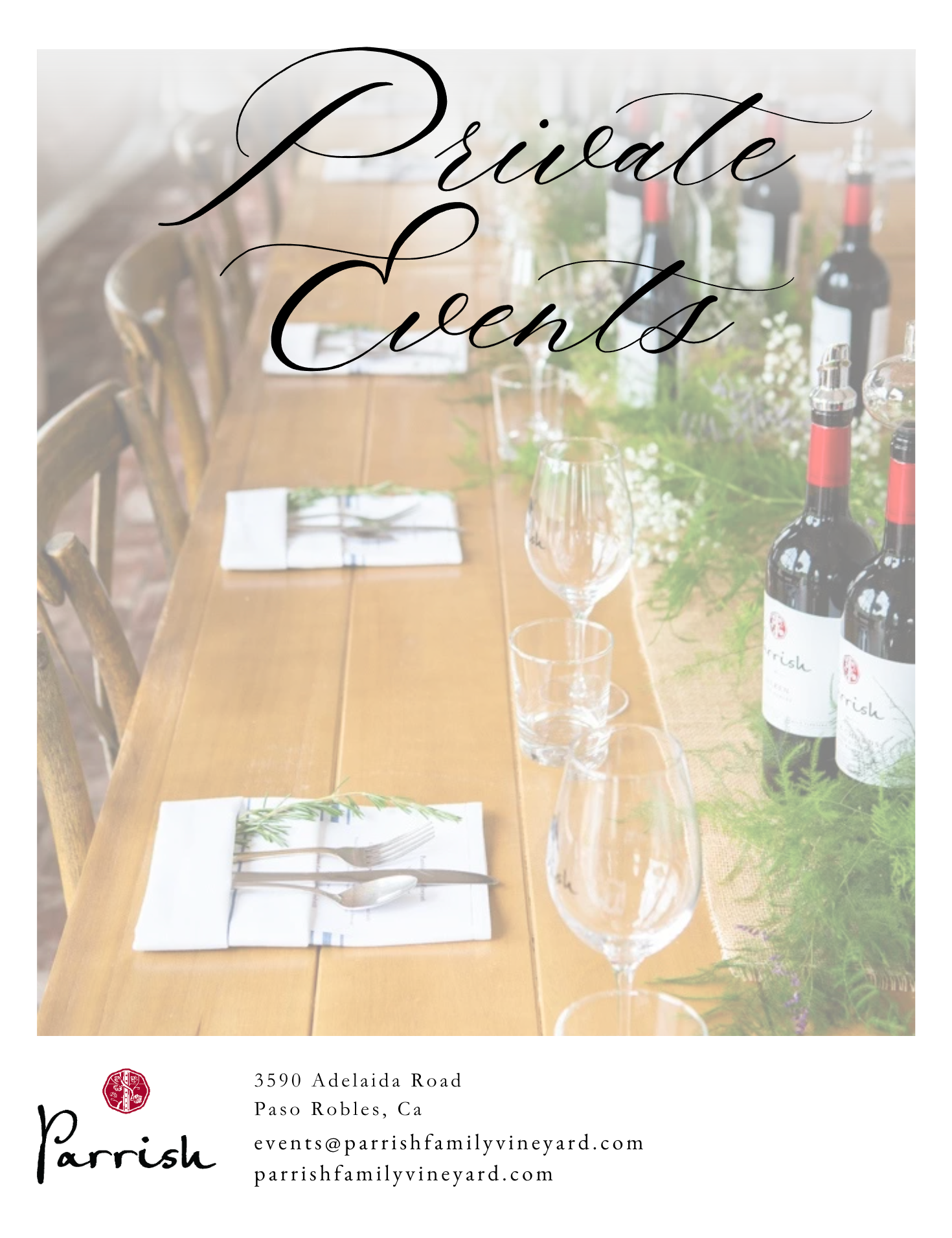 A poster for parrish rental events shows a long table set for a dinner party.