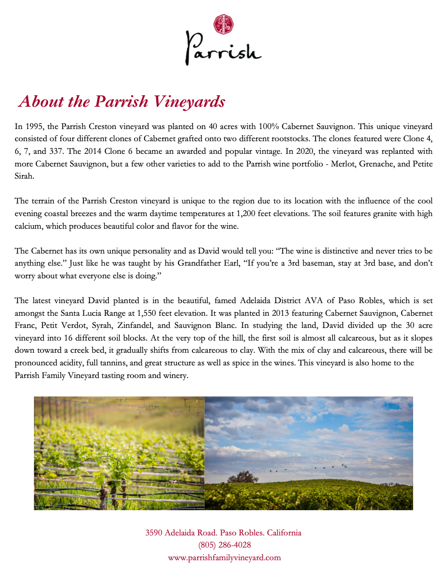 Parrish Vineyards information page with vineyard photos.