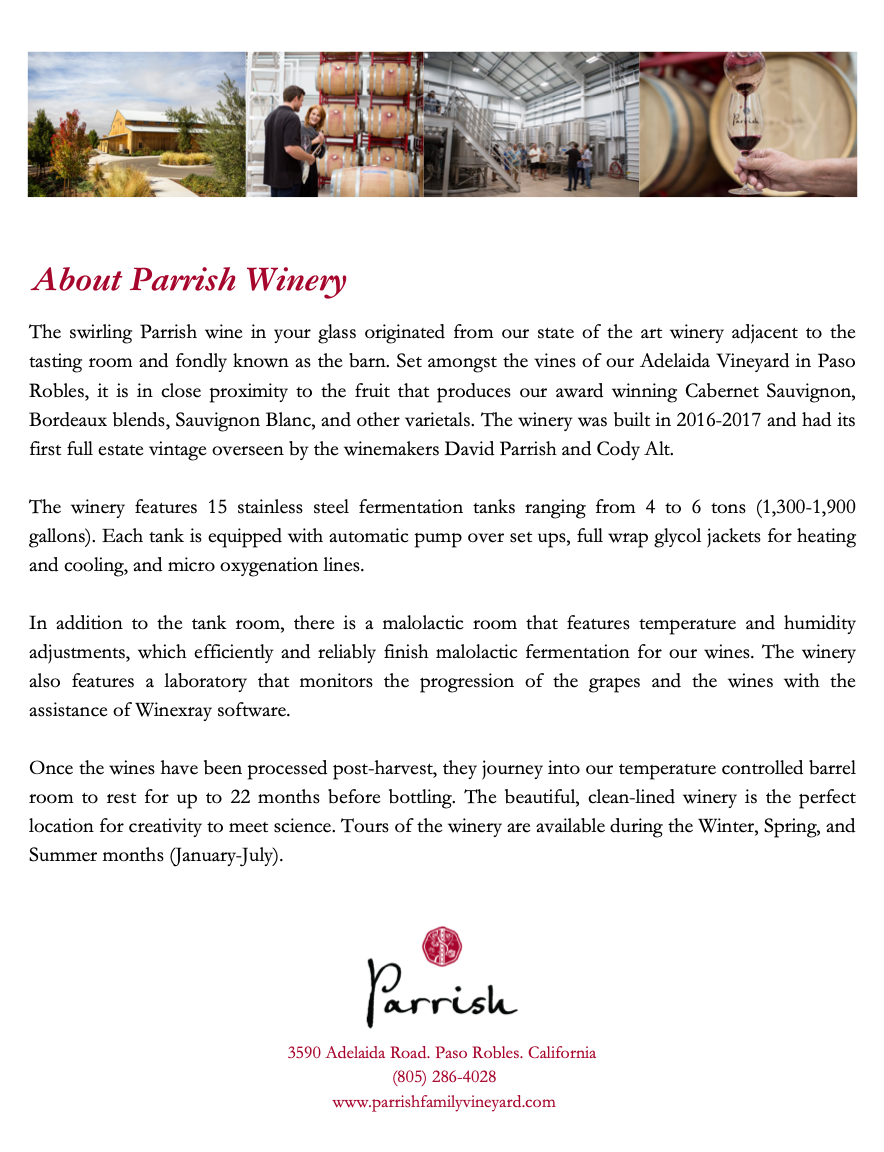 Promotional page for Parrish Winery: text and images of winery buildings, wine barrels, and wine tasting.