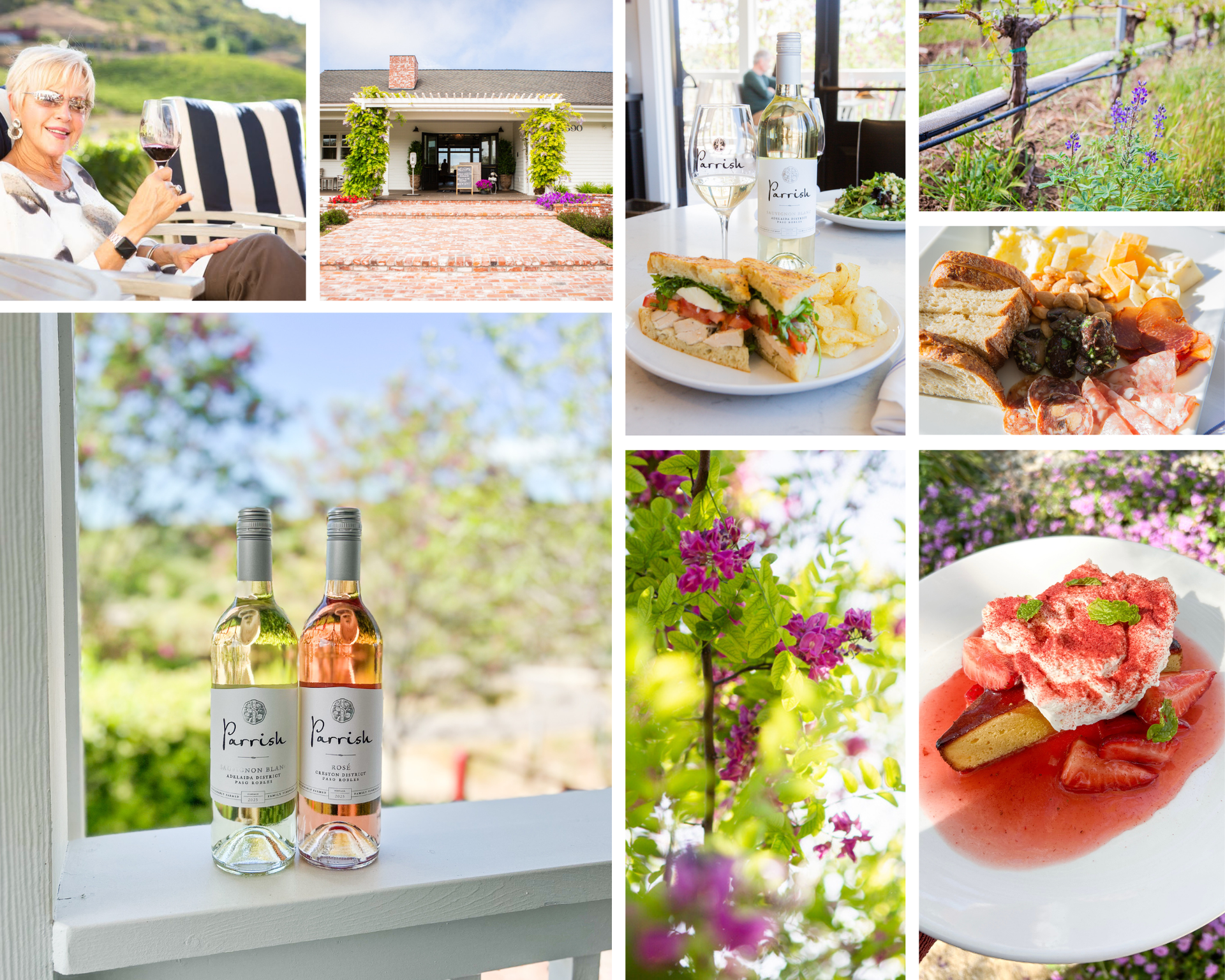 Wine and food photography at Parrish Family Vineyard, including red wine bottle and grapes.